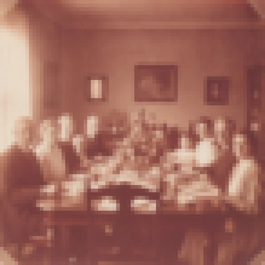 Soft, pixelated old family dinner photo with warm faded film tone and low detail
