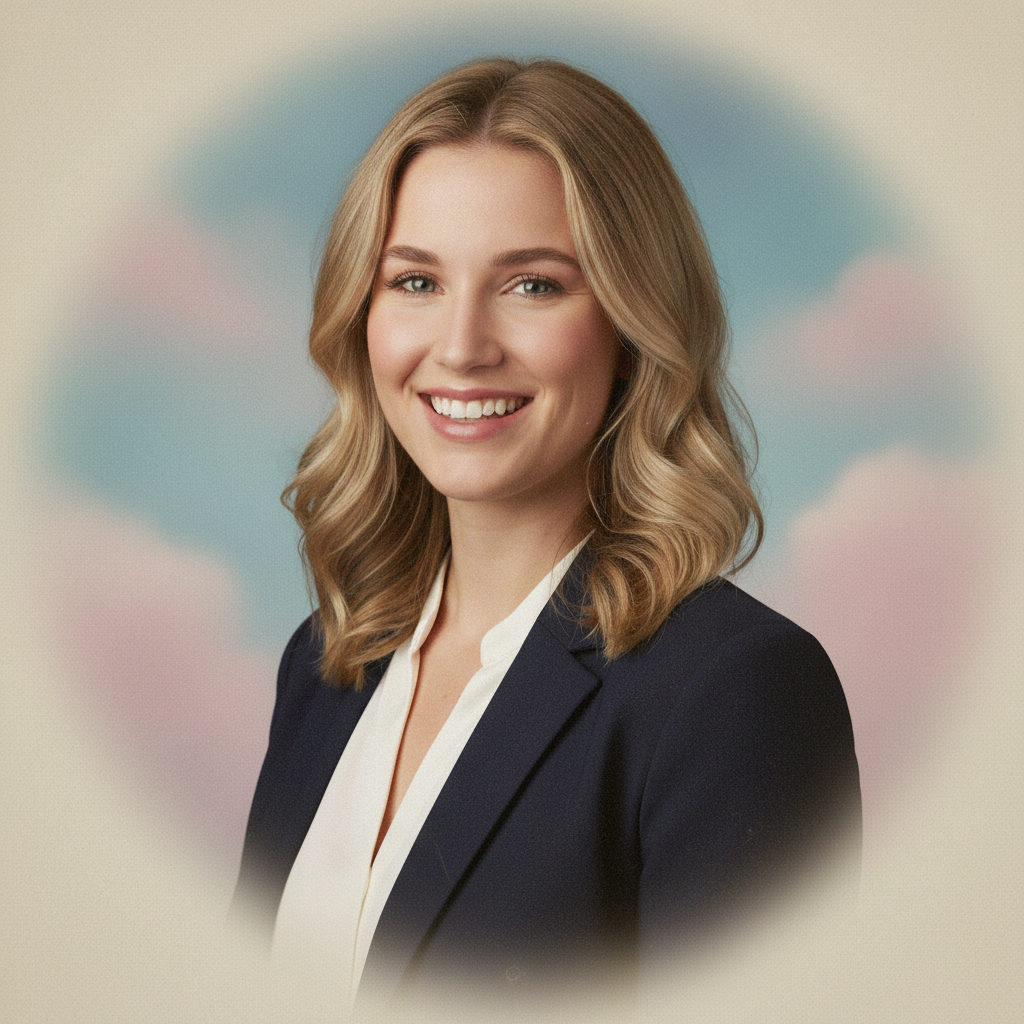 Same woman with dreamy 90s cloud background yearbook style