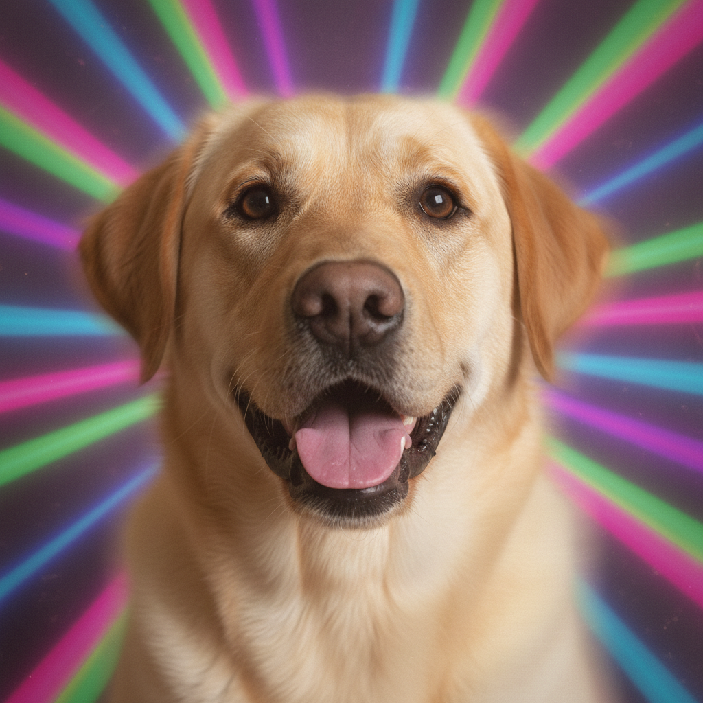 Same dog with 90s laser background yearbook style