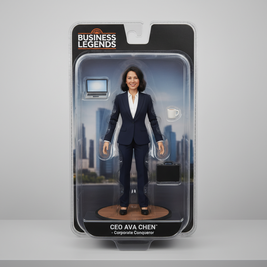 Same woman as business action figure with accessories in box