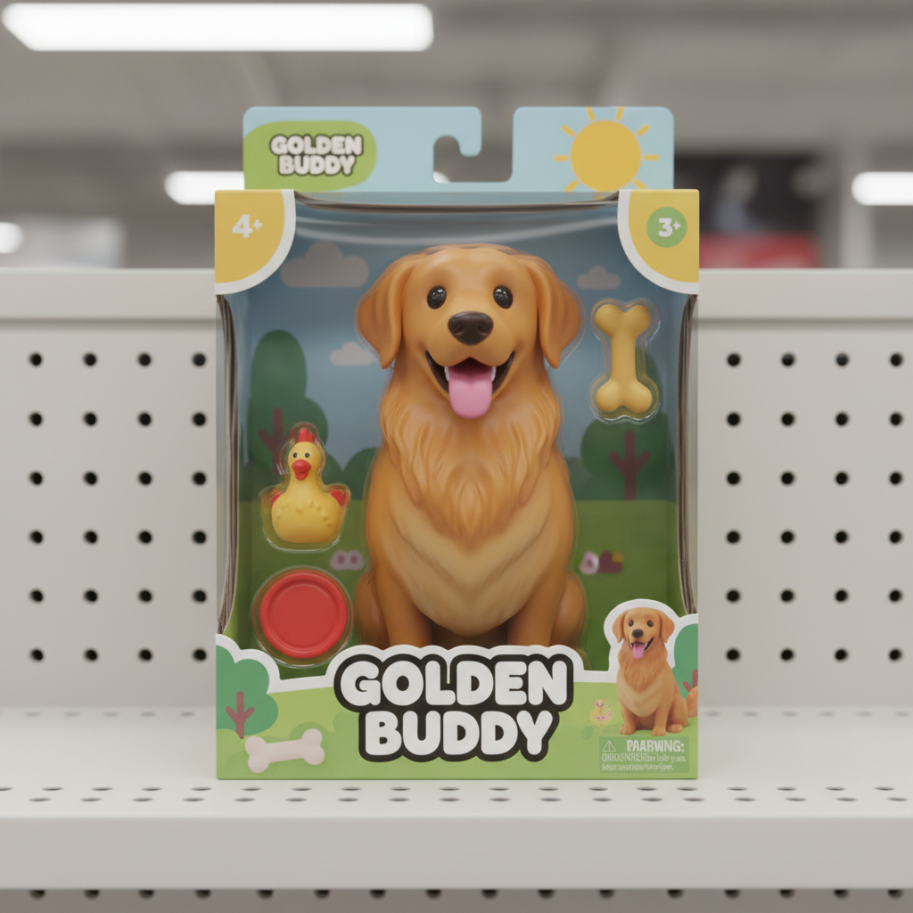 Same dog as cute action figure toy in colorful packaging