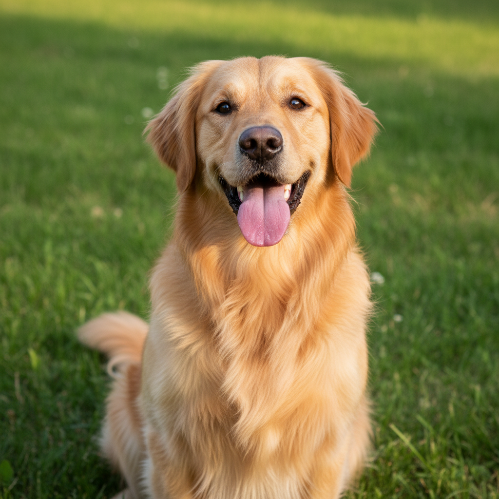 Golden retriever dog sitting on grass