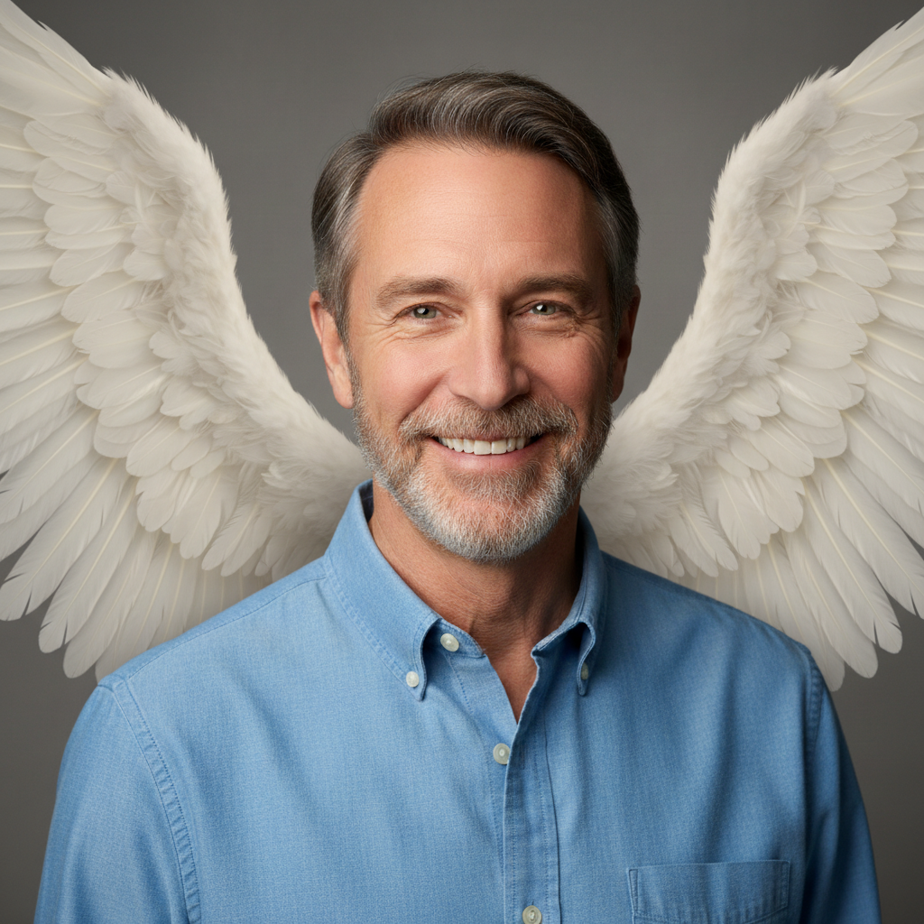 Same portrait with large white feathered angel wings