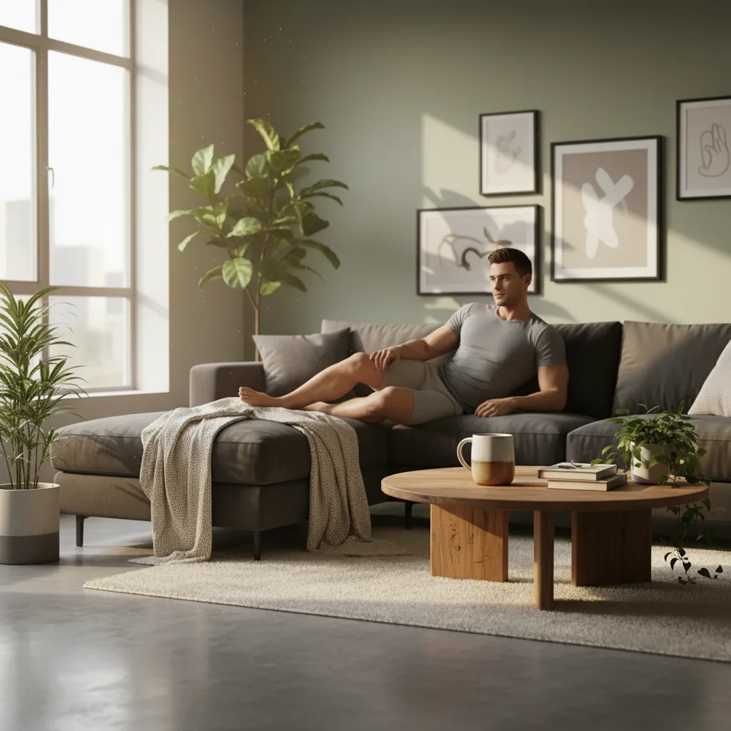 Living room with AI-added attractive stranger on couch