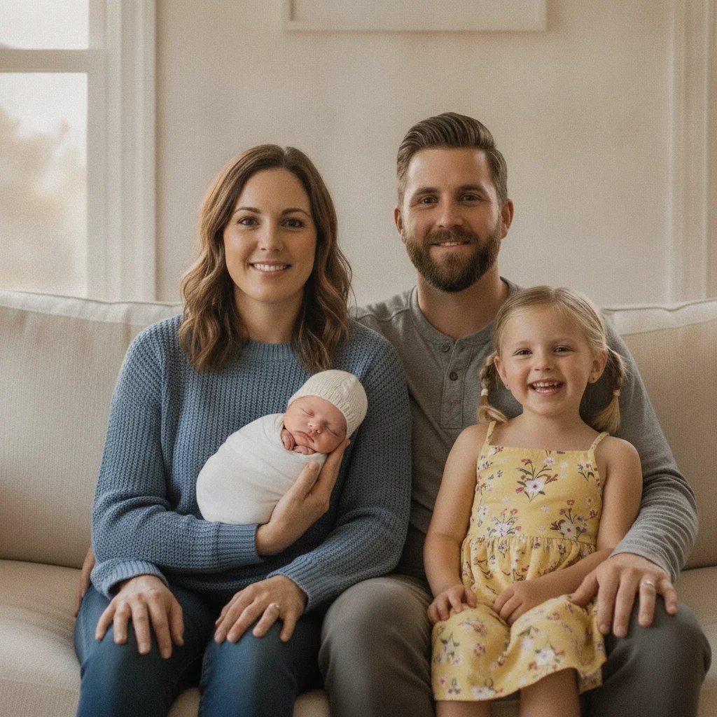 Family group with baby composited in mother's arms