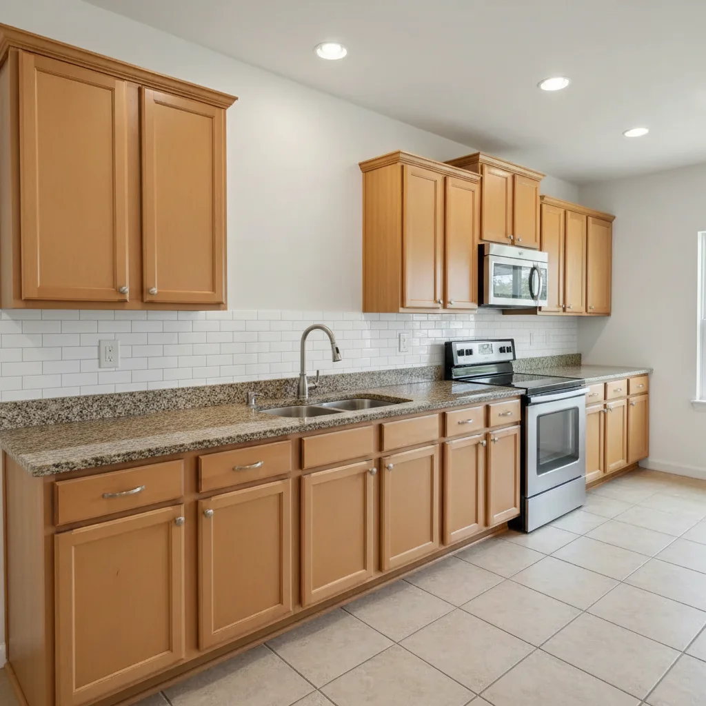 Same kitchen with classic white subway tile backsplash applied from reference sample