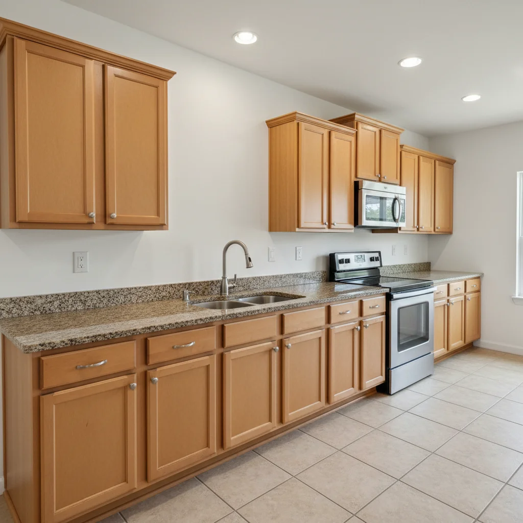 Builder-grade kitchen with bare white wall above countertops, no backsplash