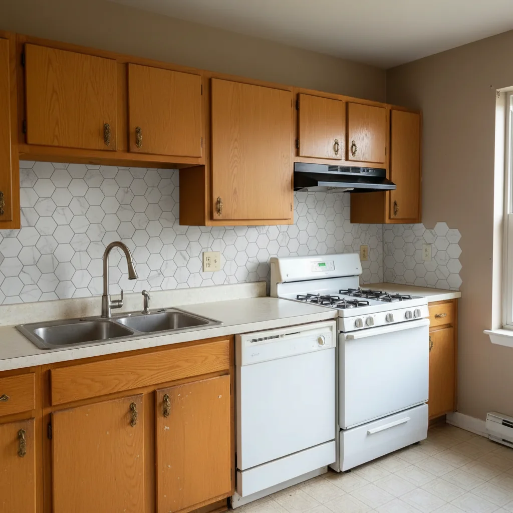 Same kitchen with marble hexagon mosaic tile backsplash from reference sample
