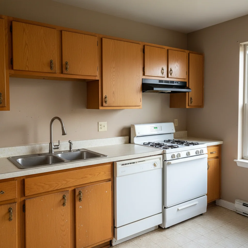 Outdated kitchen with beige walls and no backsplash installed