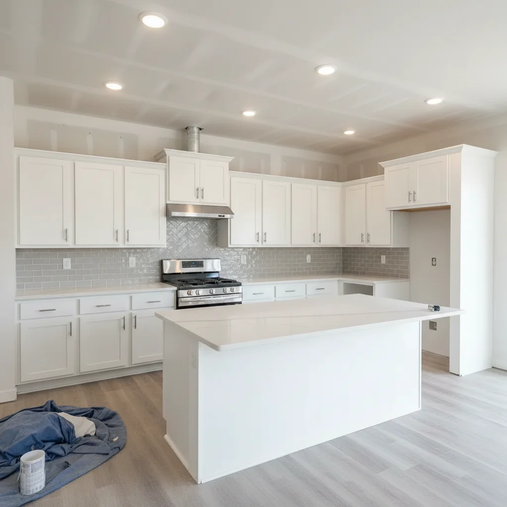 New construction kitchen with gray zellige tile backsplash in herringbone pattern from reference