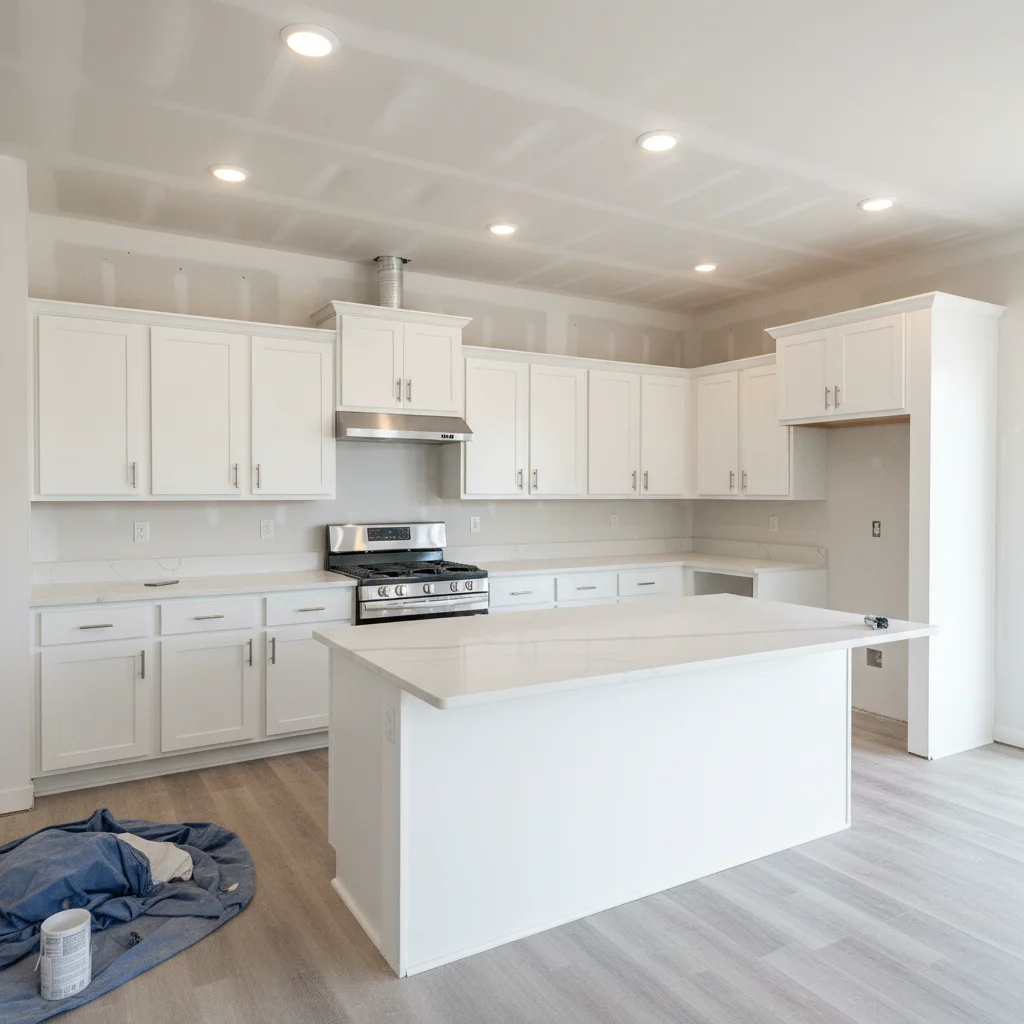 New construction kitchen with bare drywall where backsplash will be installed