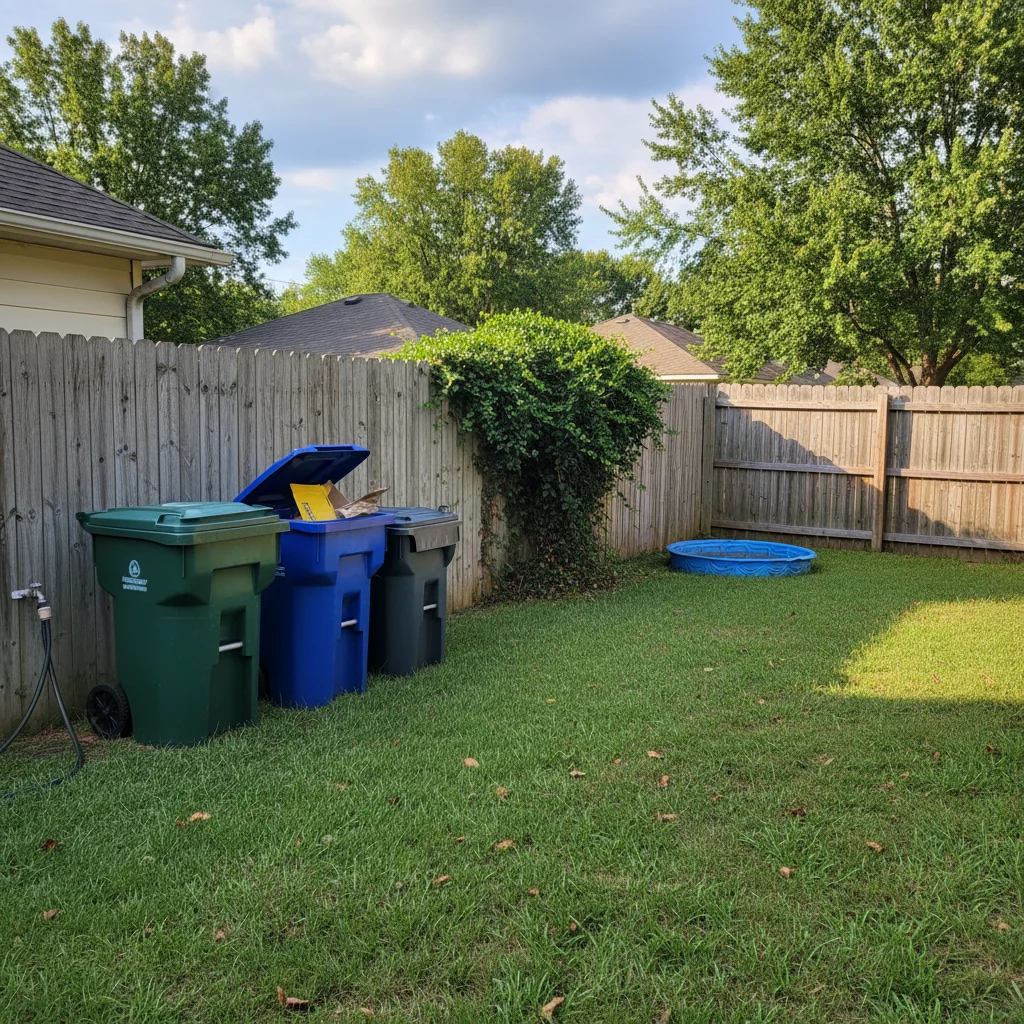 Ordinary suburban backyard with wood fence and grass