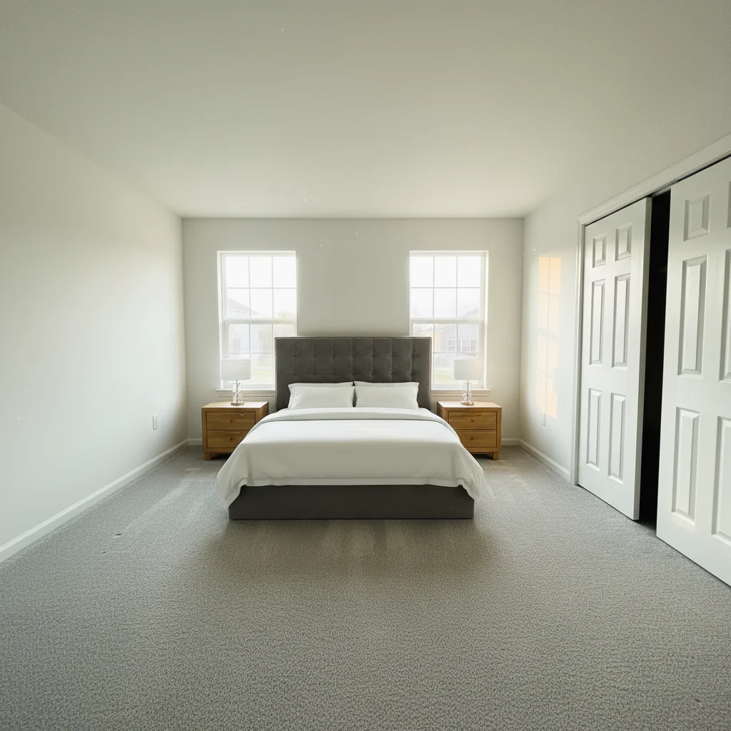 Master bedroom staged with gray velvet upholstered queen bed and nightstands