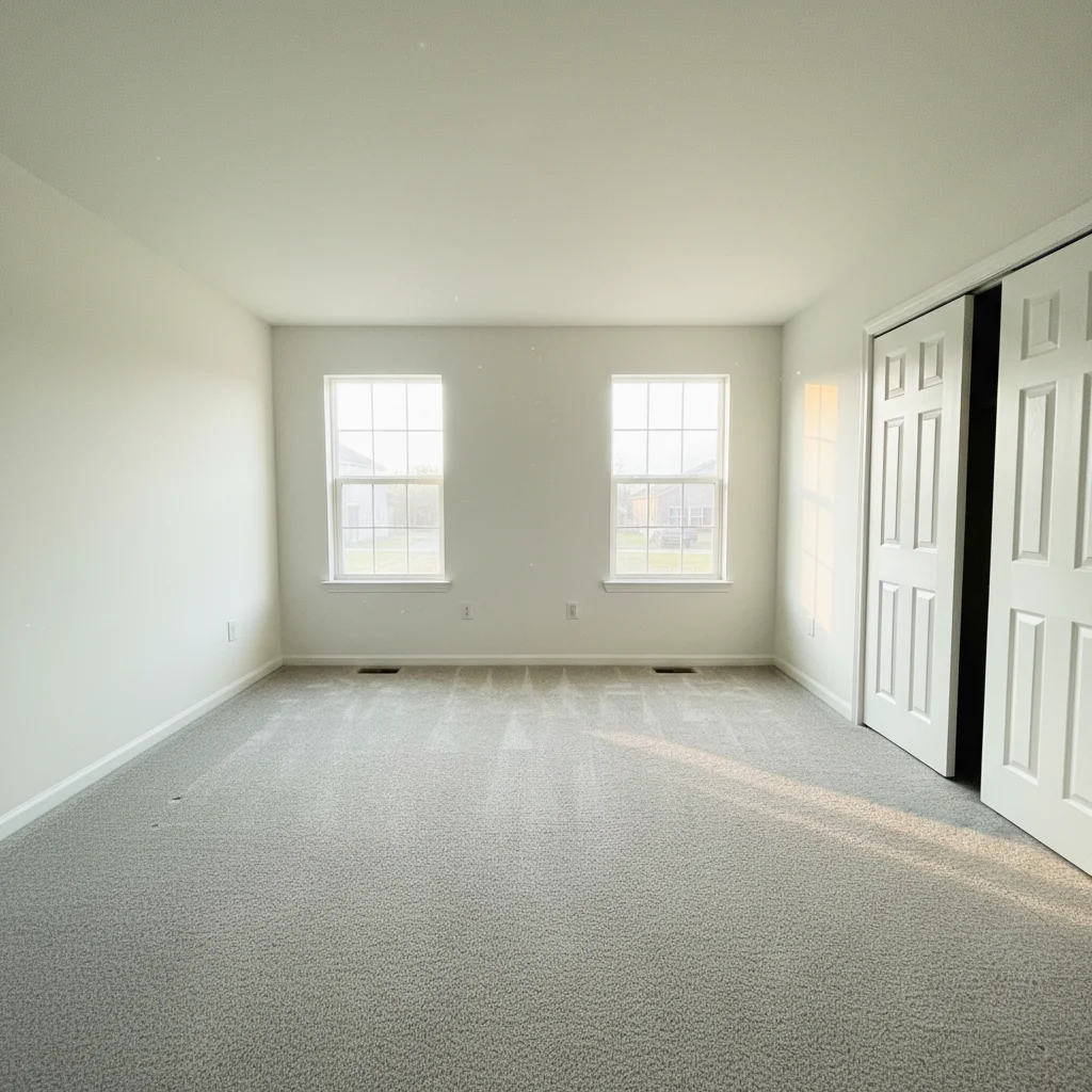Empty master bedroom with gray carpet and white walls