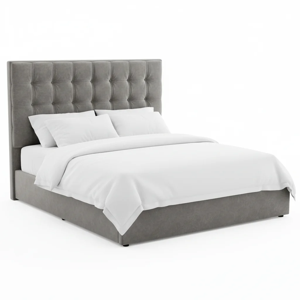 Upholstered gray velvet queen bed on white catalog background