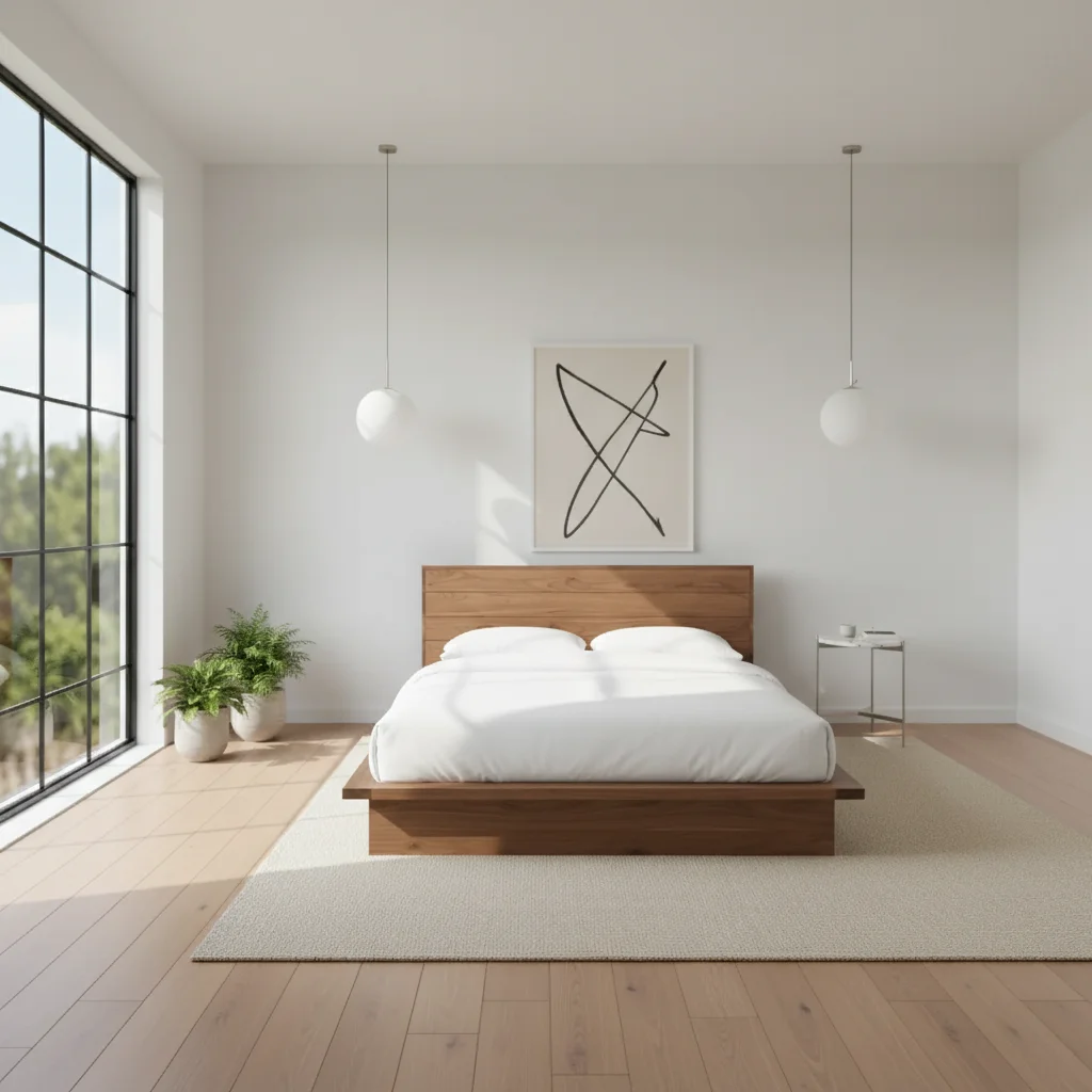 Same bedroom with walnut platform bed showing clean horizontal lines