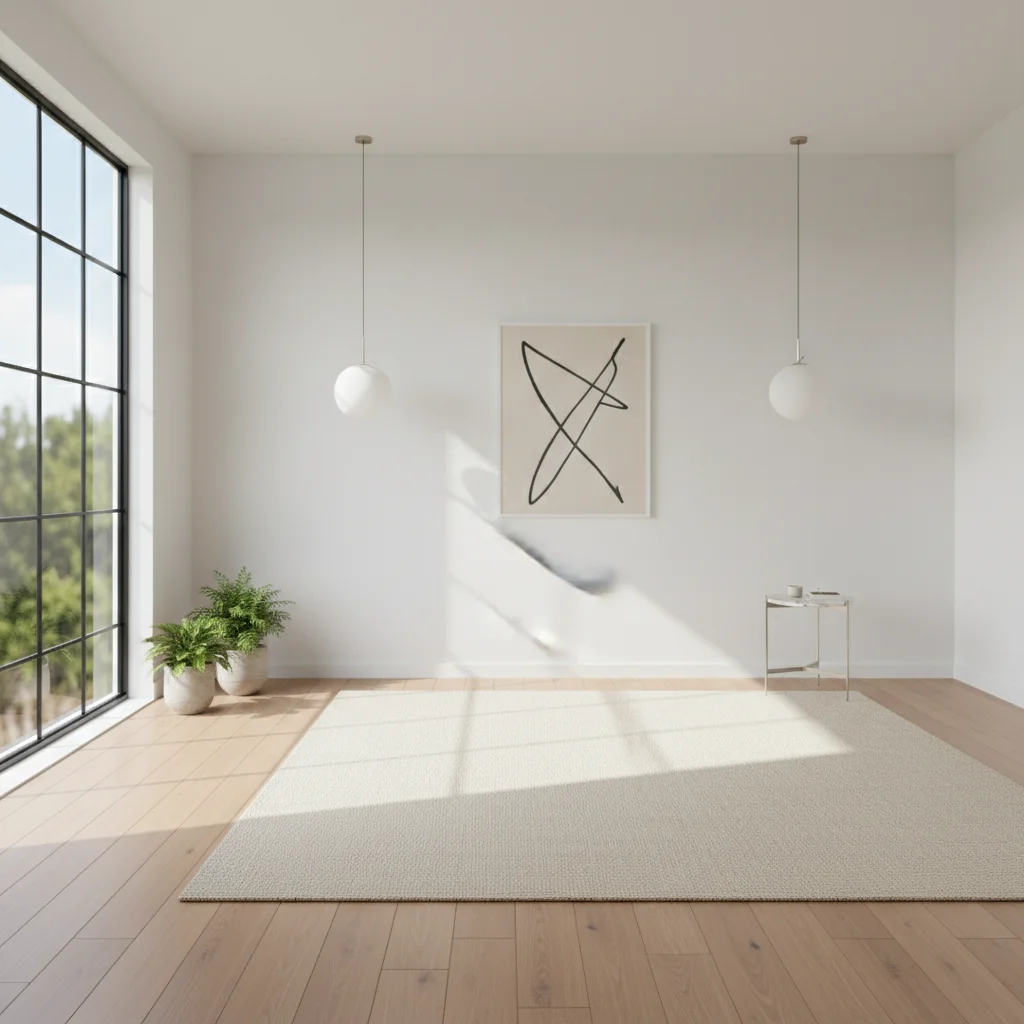 Modern bedroom with white walls and hardwood floors, no bed