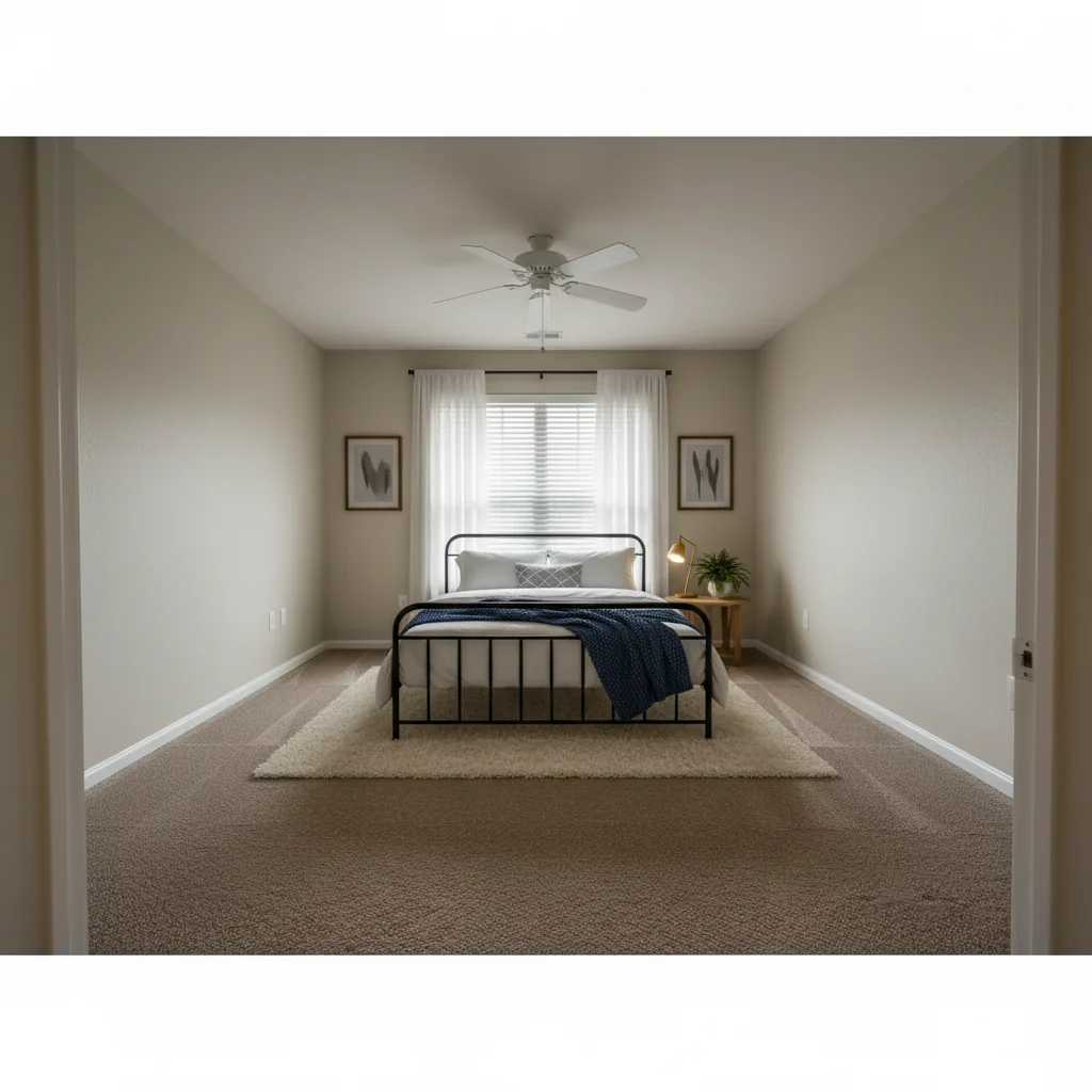 Rental bedroom with contemporary charcoal headboard bed, staged invitingly