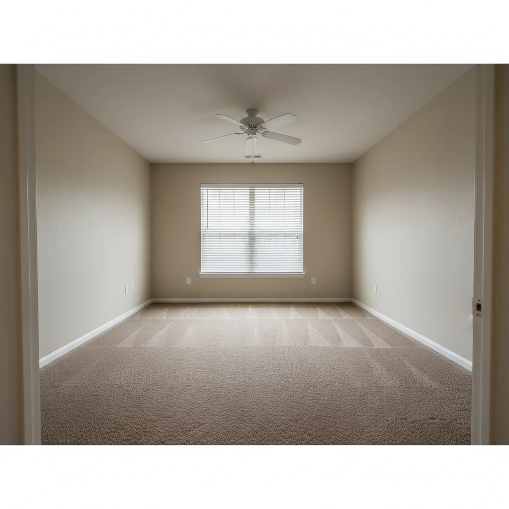 Empty rental bedroom with beige walls and bare carpet