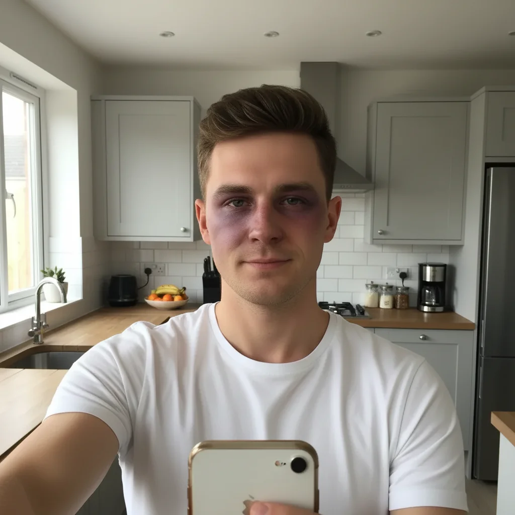 Same photo with a realistic black eye added — swollen and bruised left eye