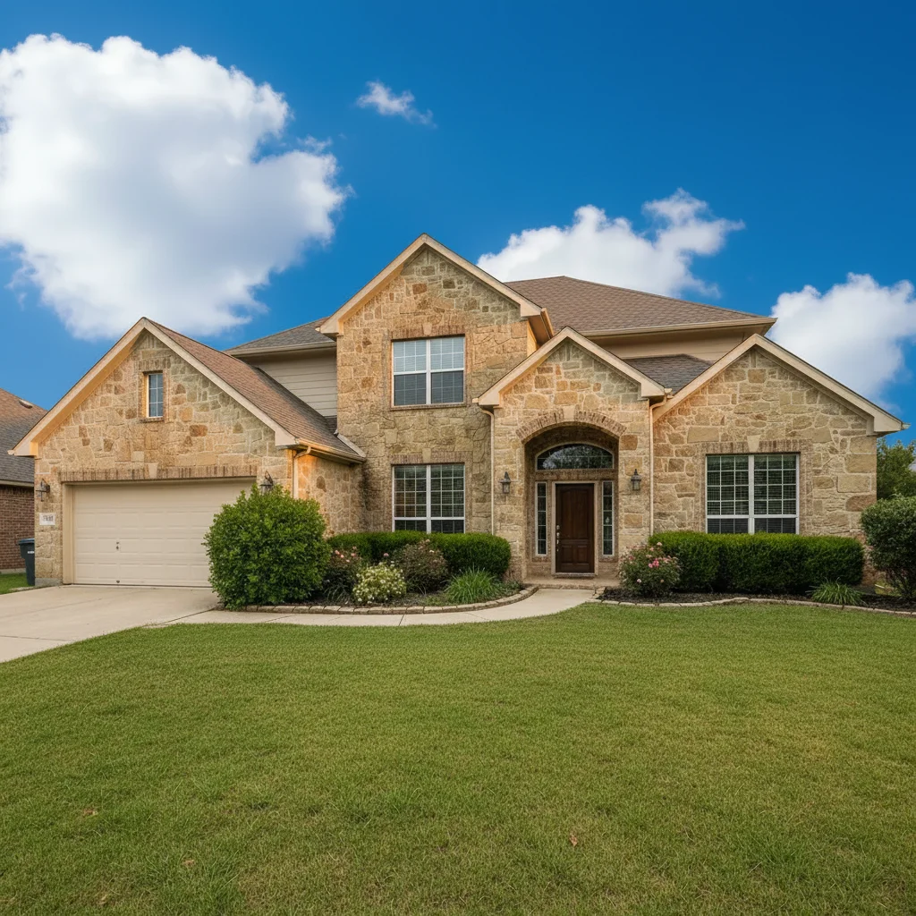 Same house exterior with clear blue sky and warm afternoon lighting
