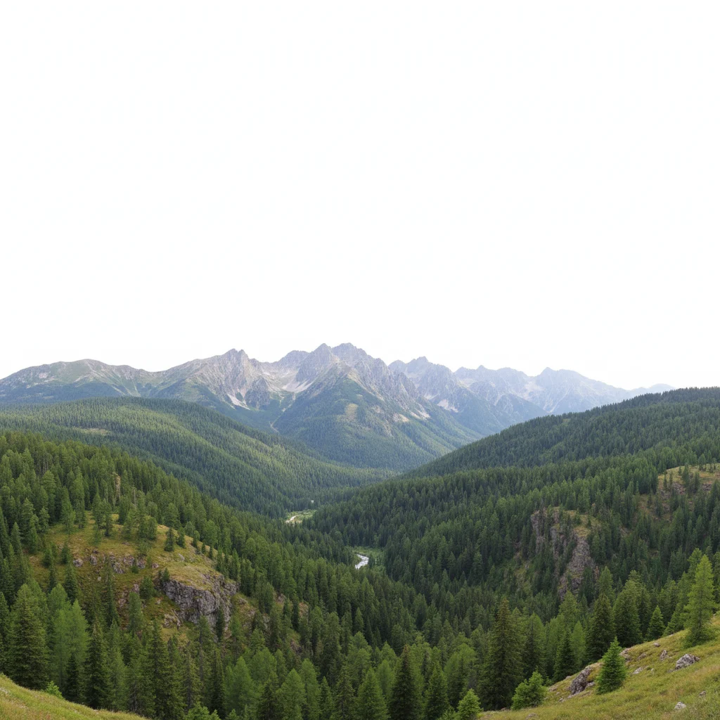 Mountain landscape with blown-out white sky