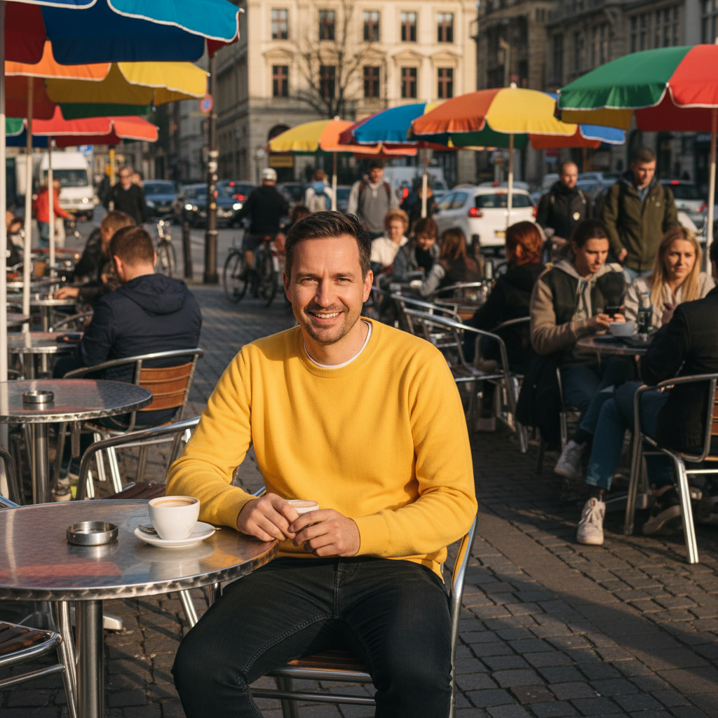 Man at outdoor cafe with busy background of other customers