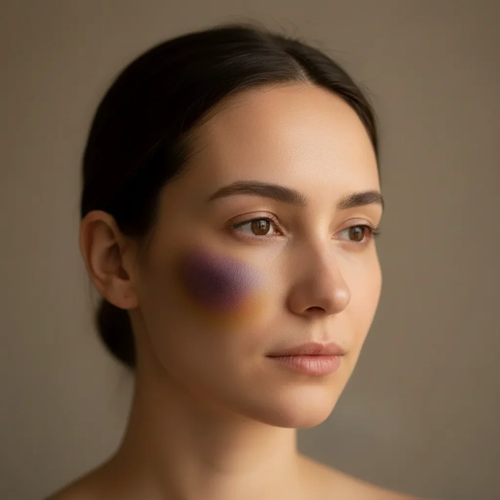Same portrait with realistic AI-generated cheekbone bruise