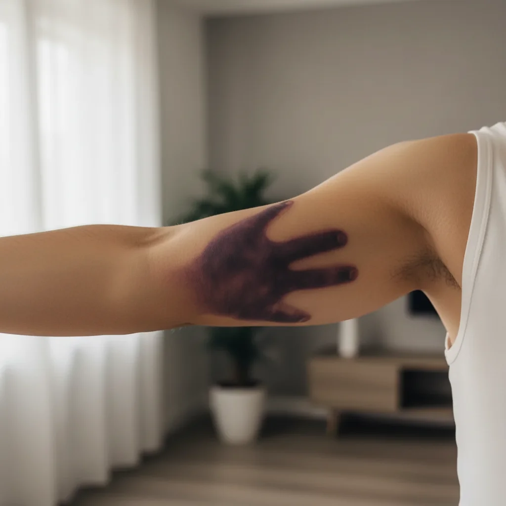 Arm with realistic grip-mark bruise pattern