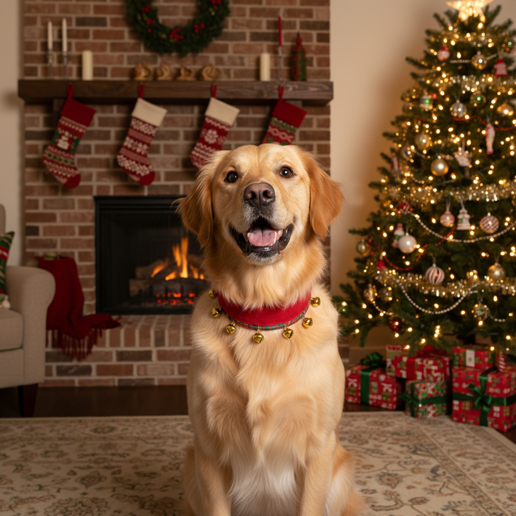 Same dog with cozy fireplace Christmas background