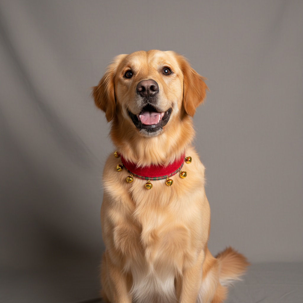 Golden retriever against gray backdrop