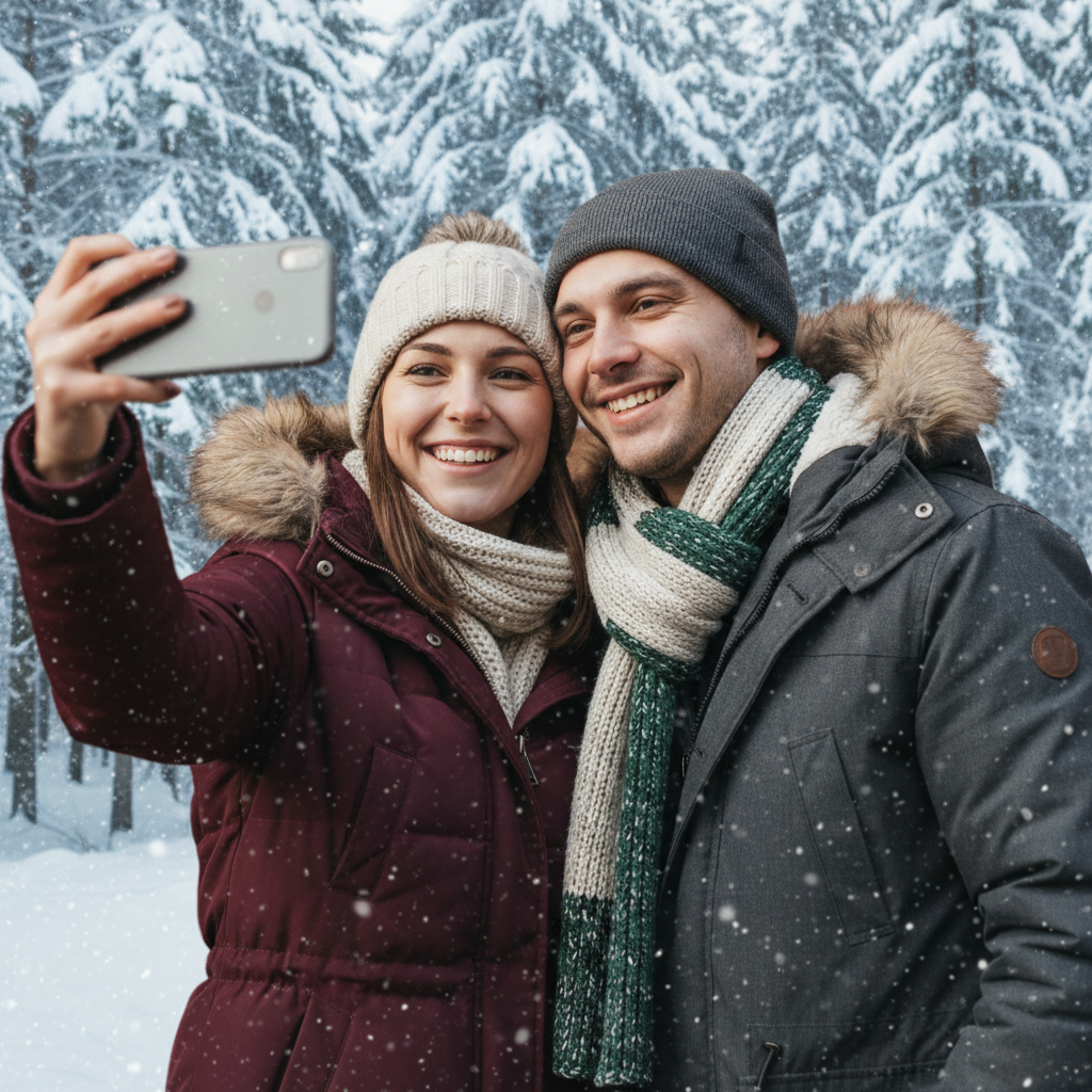 Same couple with snowy winter wonderland background