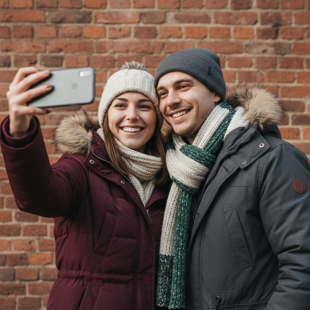 Couple in winter clothes against brick wall