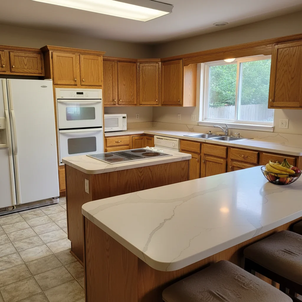 Same kitchen with Calacatta white quartz countertop applied from homeowner's sample photo