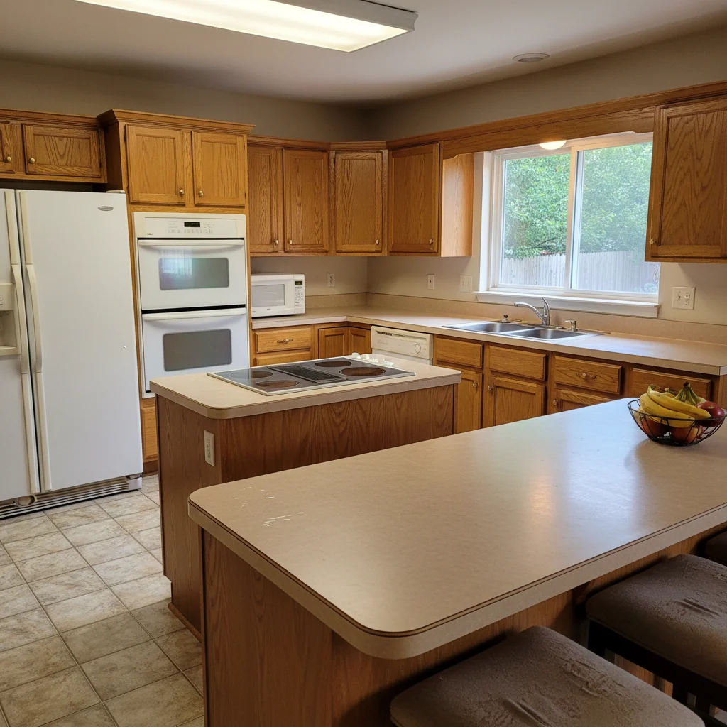 Dated kitchen with beige laminate countertops and oak cabinets