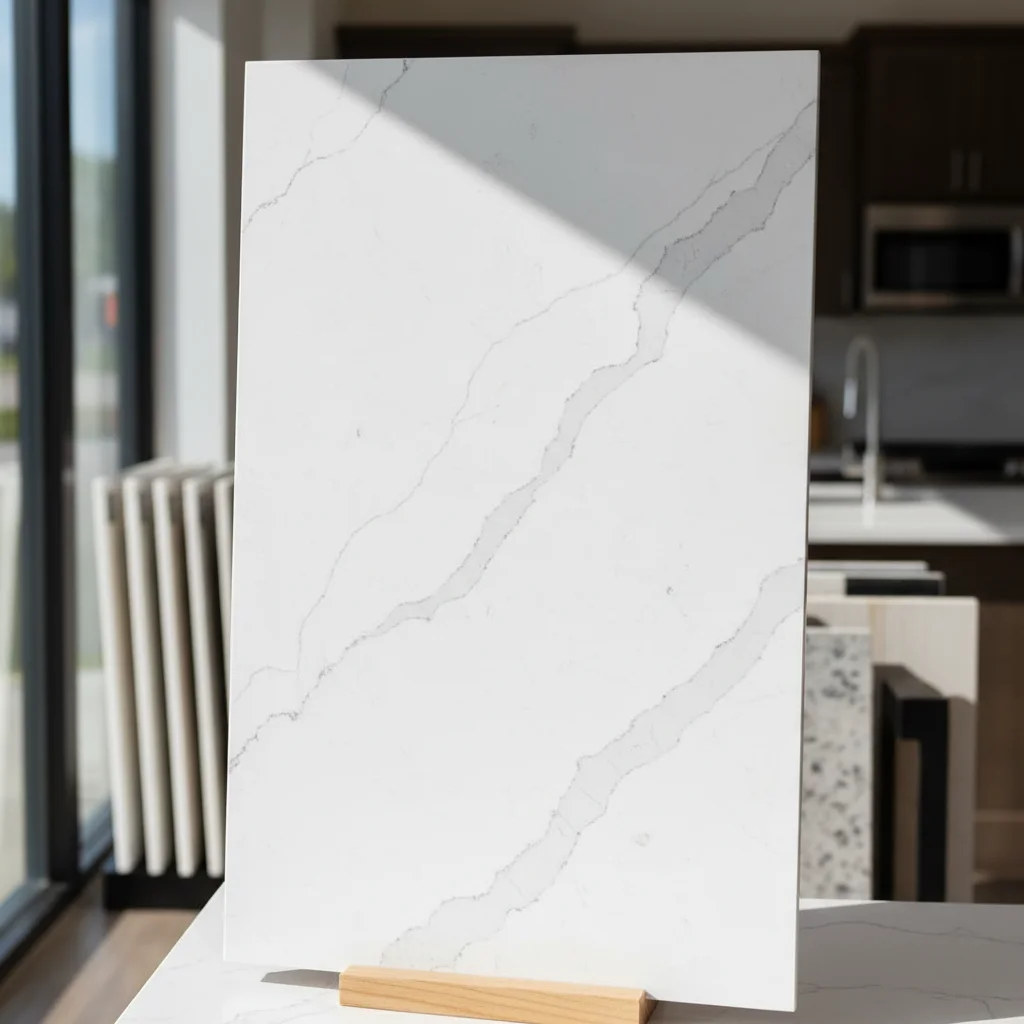 Calacatta white quartz slab sample showing white background with subtle gray veining