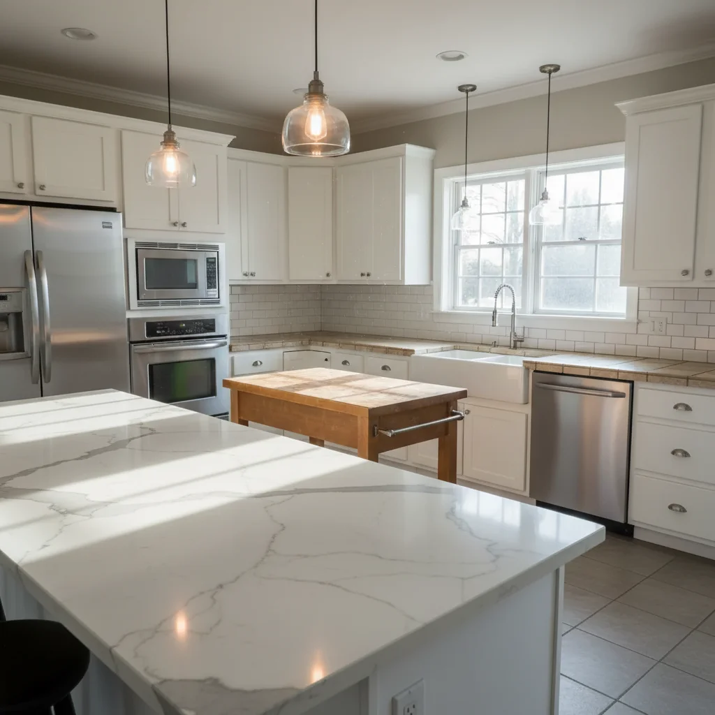 Same kitchen with Carrara marble slab applied from designer's reference photo for client selection
