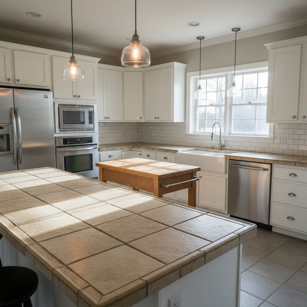 Transitional kitchen with white shaker cabinets and dated tile countertops