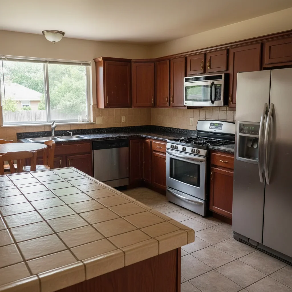 Same kitchen with dark granite countertop slab applied for real estate listing visualization