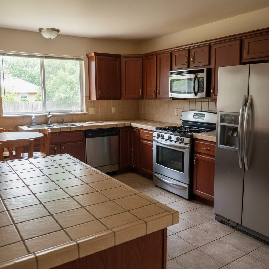 Traditional kitchen with dated almond tile countertops next to dark wood cabinets