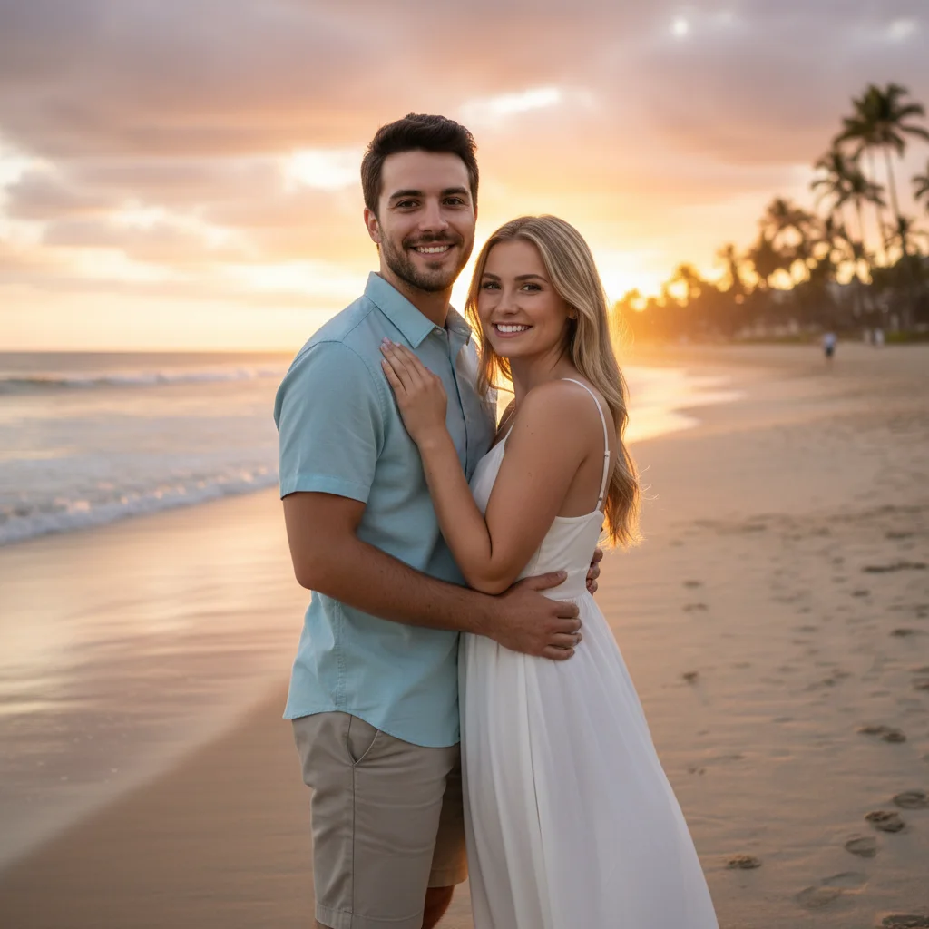 Both people combined into a romantic couple photo on a sunset beach