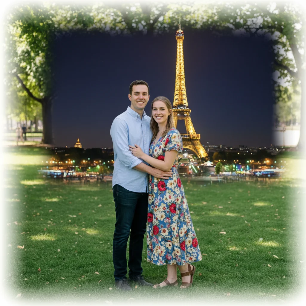 Same couple in front of Eiffel Tower at night with twinkling lights
