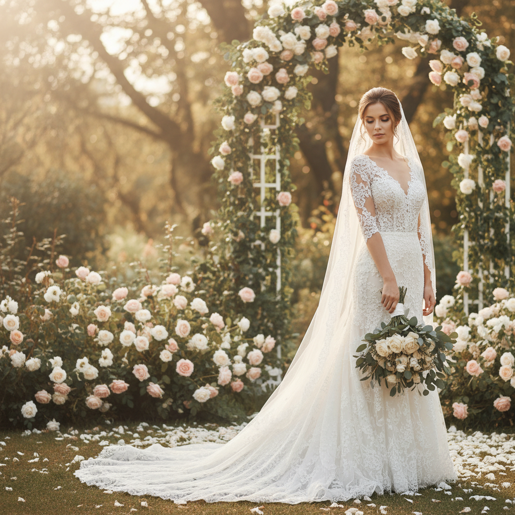Bride standing alone where father would be