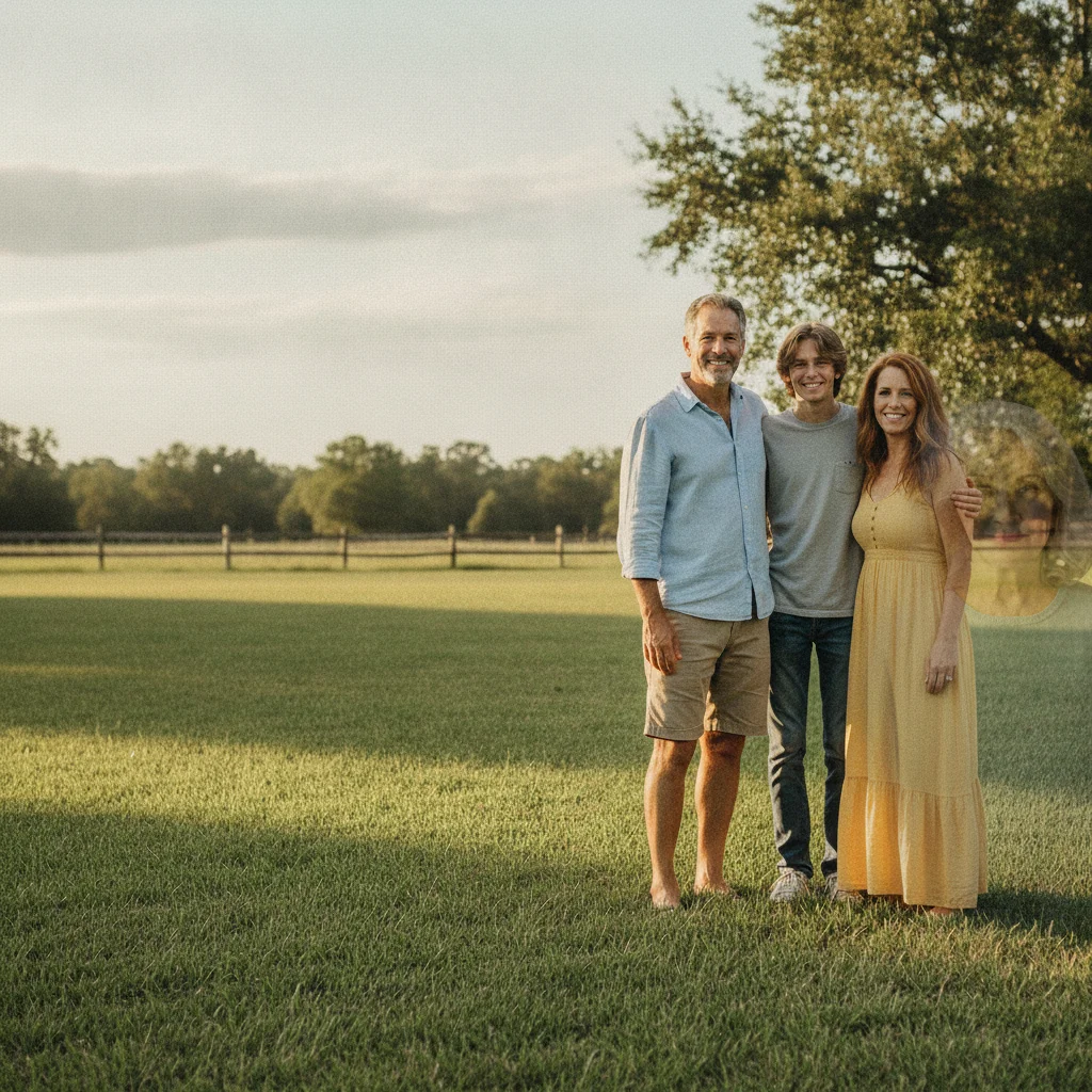 A created tribute image with the remembrance figure placed beside the family, matched to scale and light