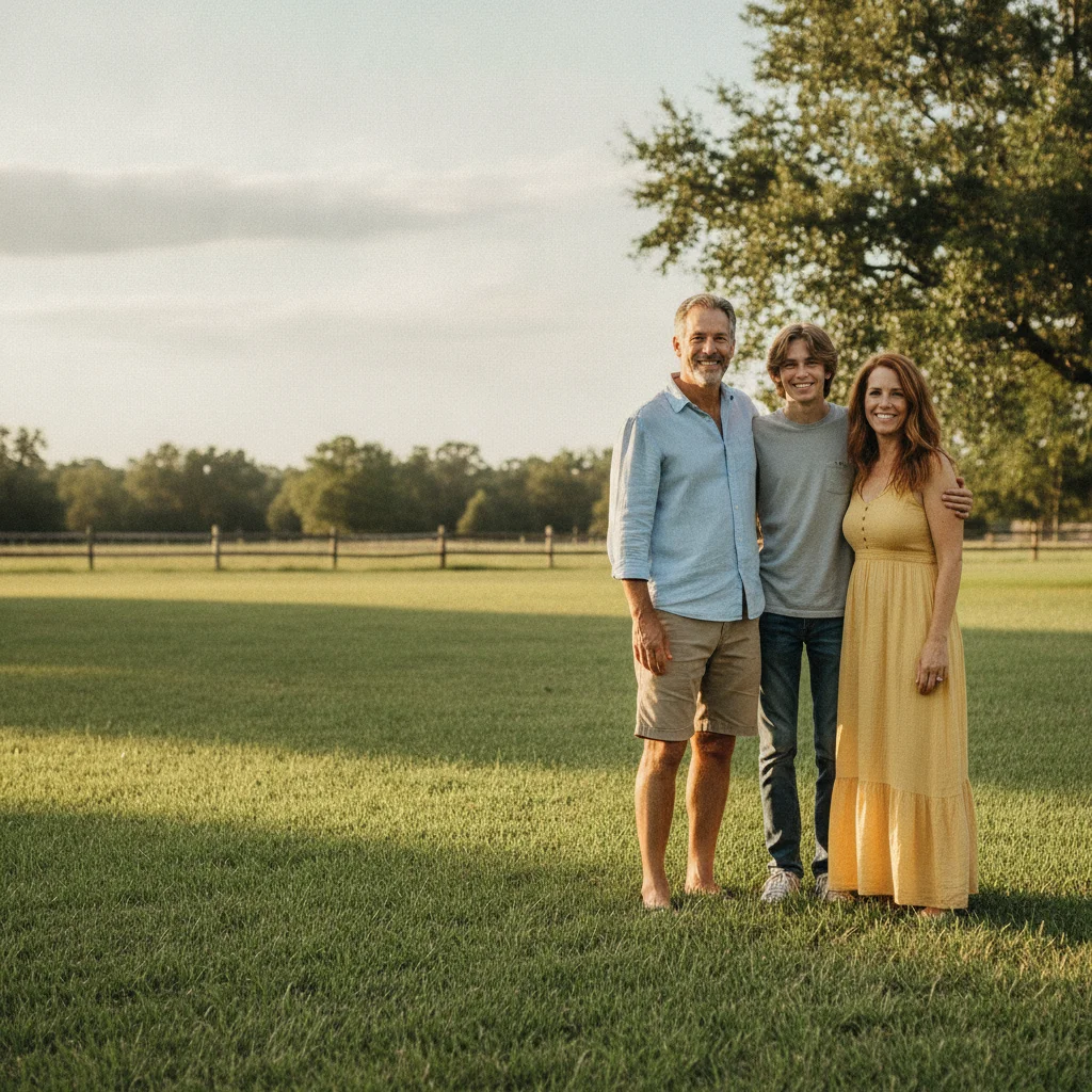 Self-generated family group on a lawn with open space on the left