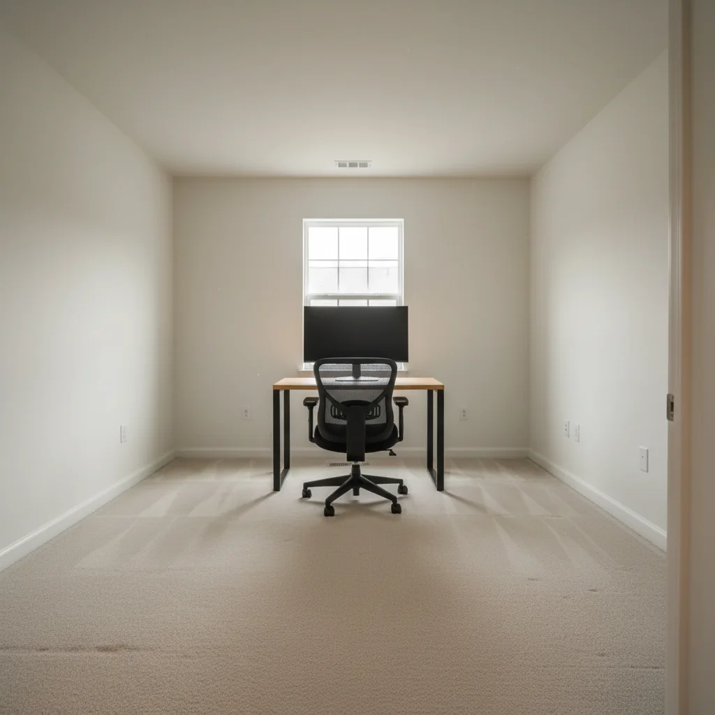 Spare room converted to home office with standing desk, monitor, and ergonomic chair