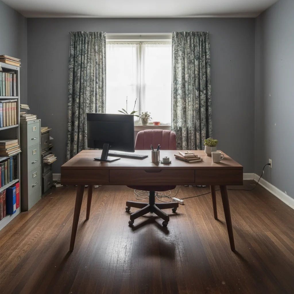 Updated home office with walnut writing desk showing warm wood grain