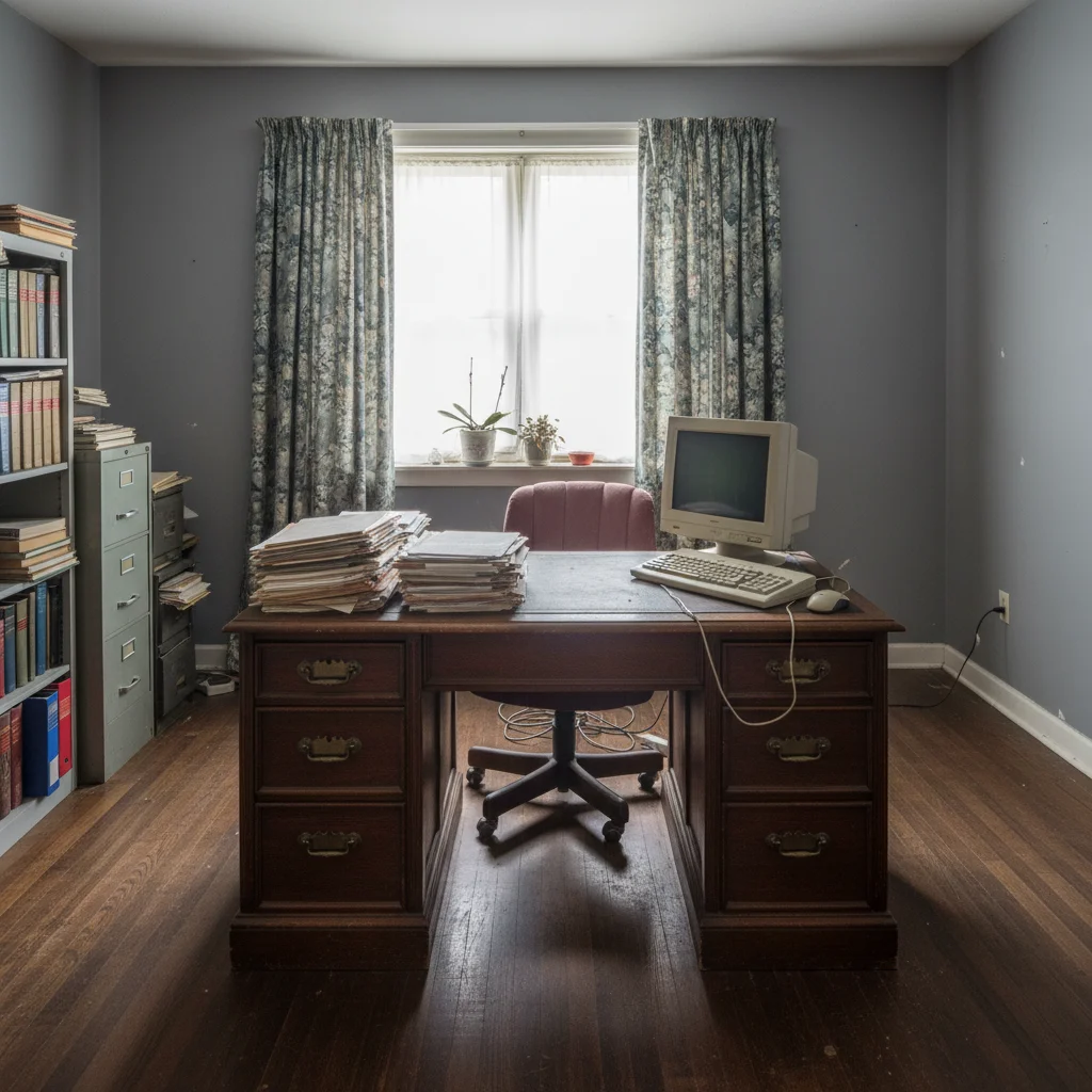 Home office with dated furniture or bare desk area against a windowed wall