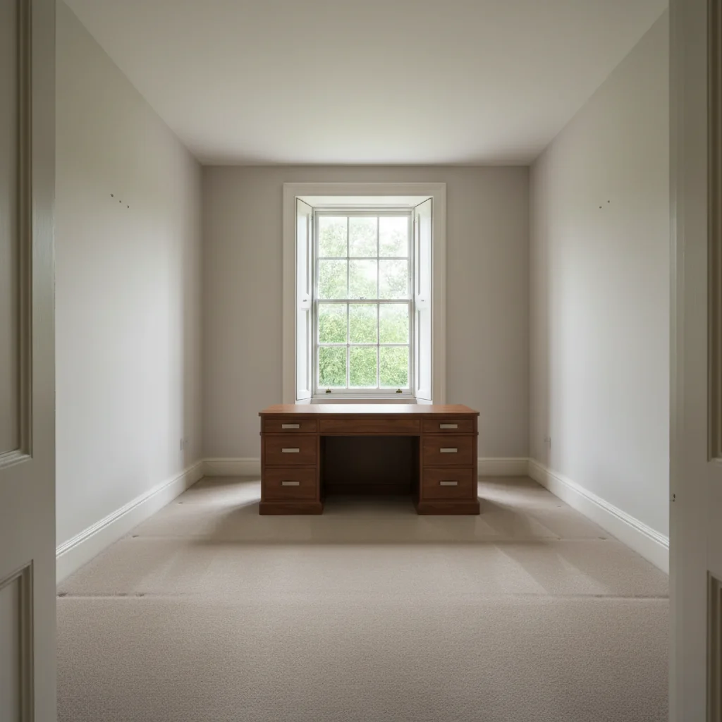 Same room staged as a home office with desk positioned for productivity