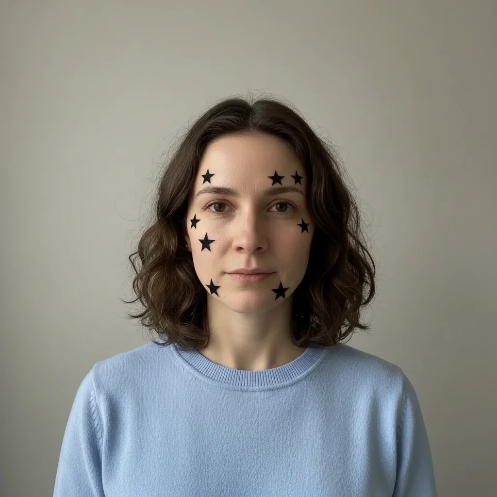 Same person with a cluster of small black star tattoos around the eye and temple area